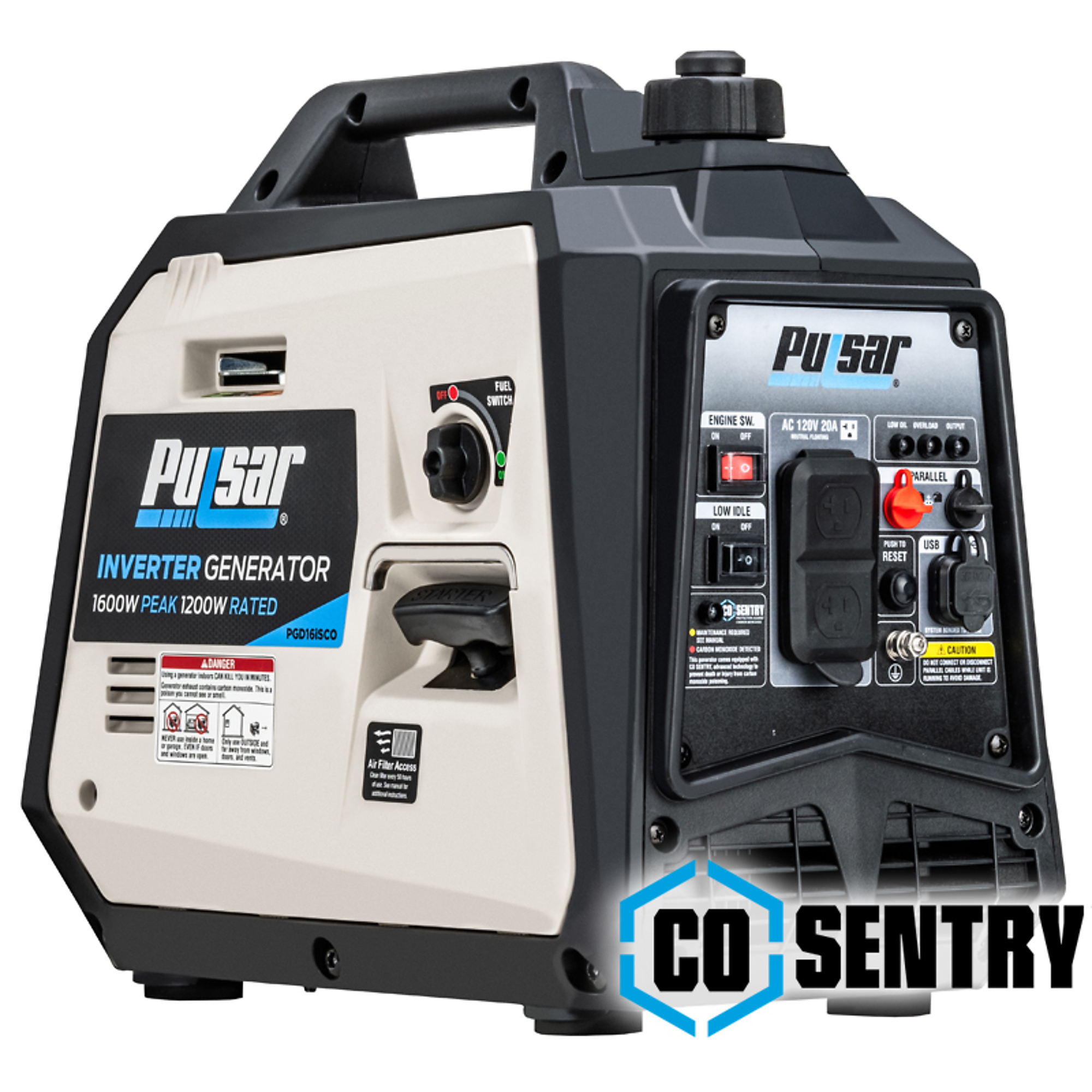 Pulsar Gasoline Powered Inverter Generator with CO Sentry — 1,600W, 57cc, 56dB, 24 Lbs., Model# PGD16ISCO
